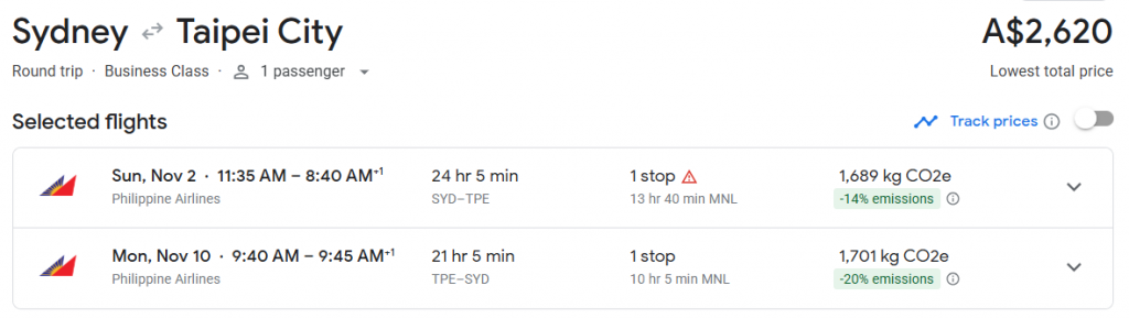 Business Class from Sydney to Taiwan