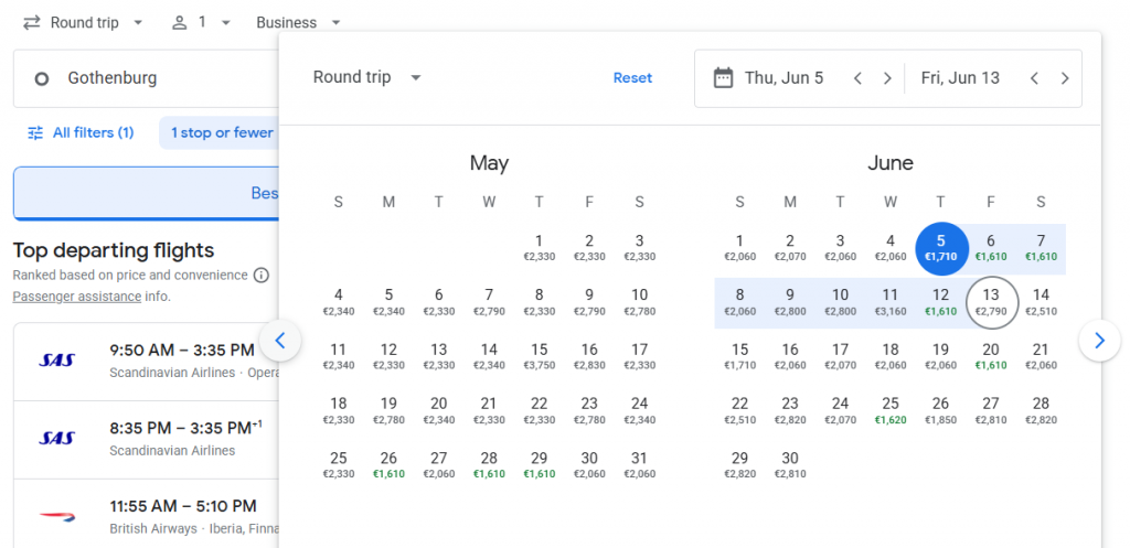 Business Class from Gothenburg to Boston