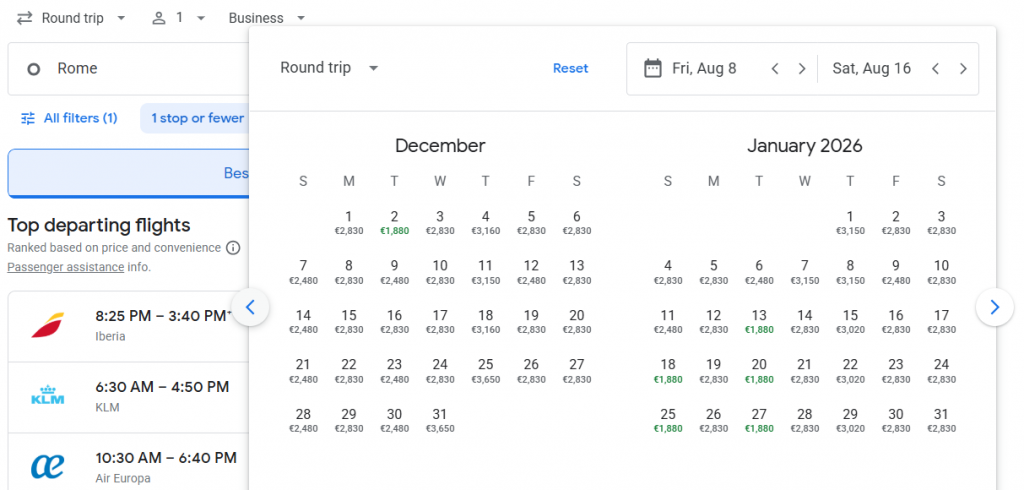 Business Class from Rome to Panama