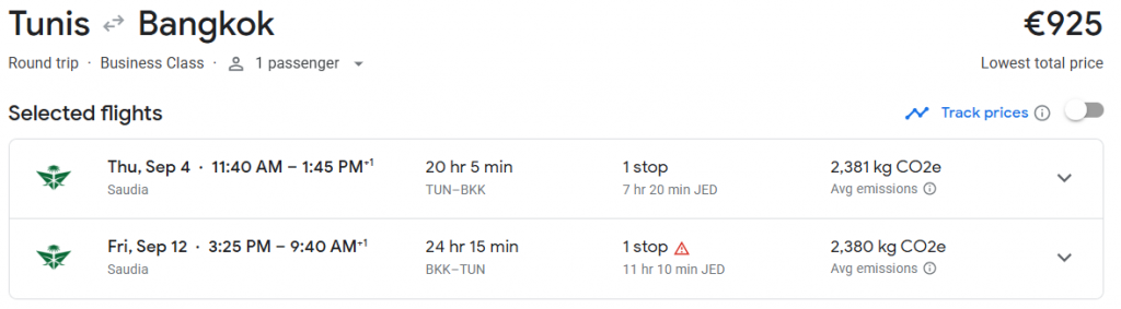 Business Class from Tunisia to Thailand