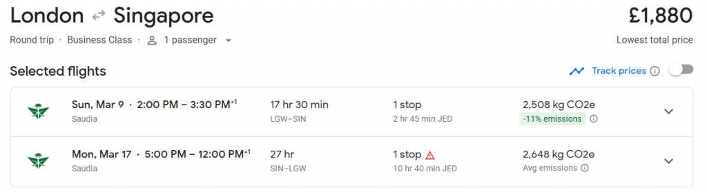 Business Class from London to Singapore