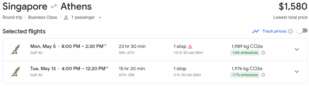Business Class from Singapore to Athens