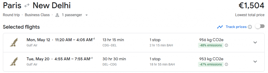 Business Class from Paris to India
