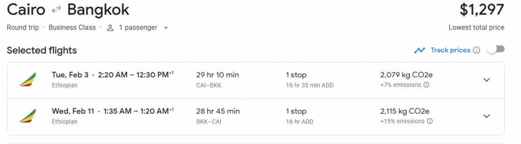 Business Class from Egypt to Thailand