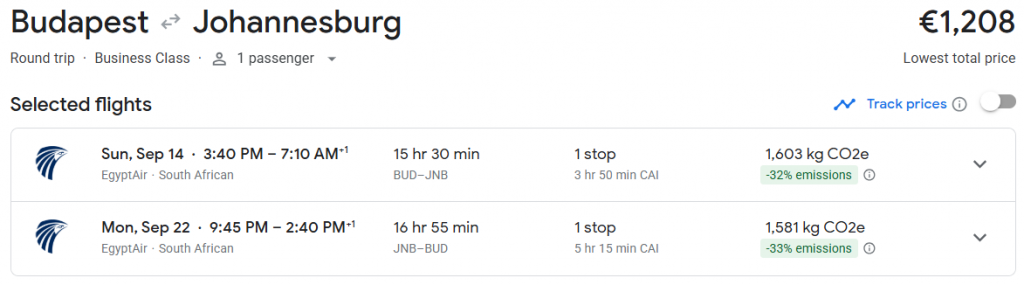 Business Class from Hungary to South Africa