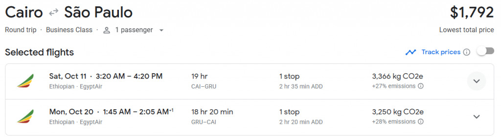 Business Class from Egypt to Brazil