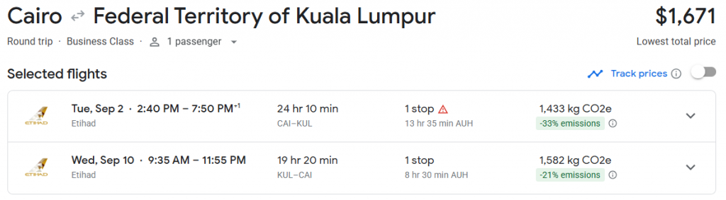 Business Class from Egypt to Malaysia