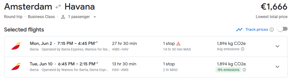 Business Class from Amsterdam to Cuba