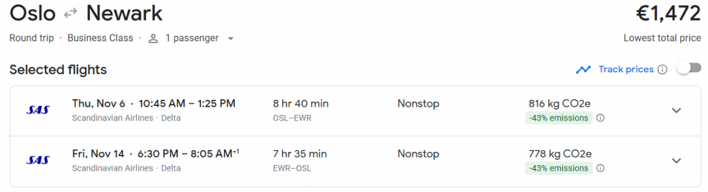 Business Class from Norway to New York