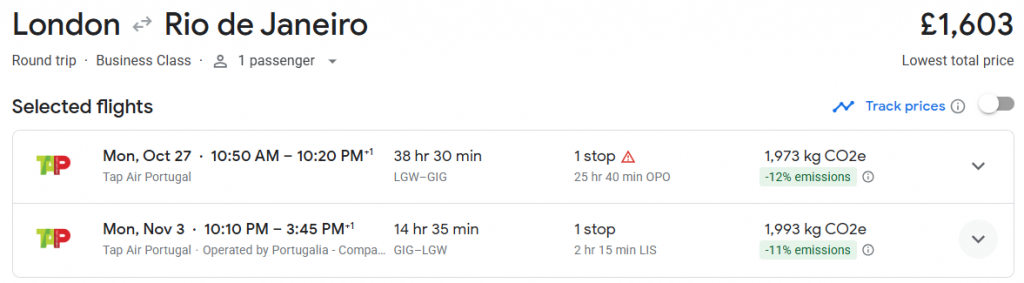 Business Class from London to Rio de Janeiro