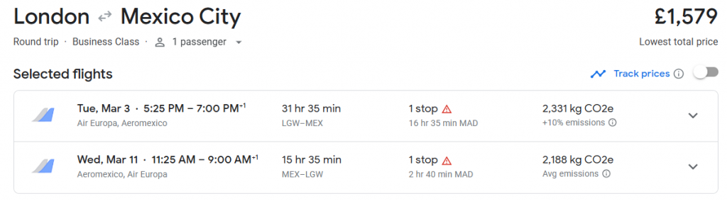Business Class from London to Mexico City