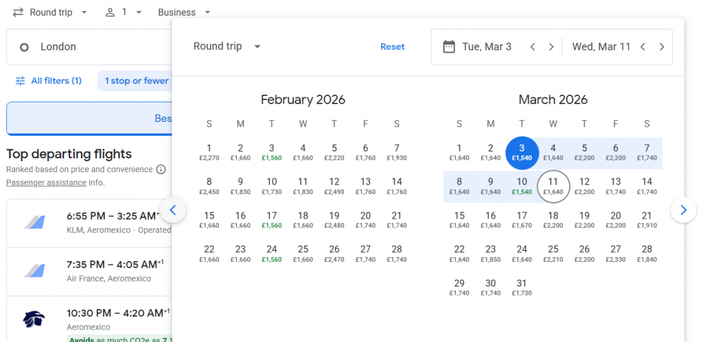 Business Class from London to Mexico City