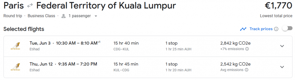 Business Class from Paris to Malaysia