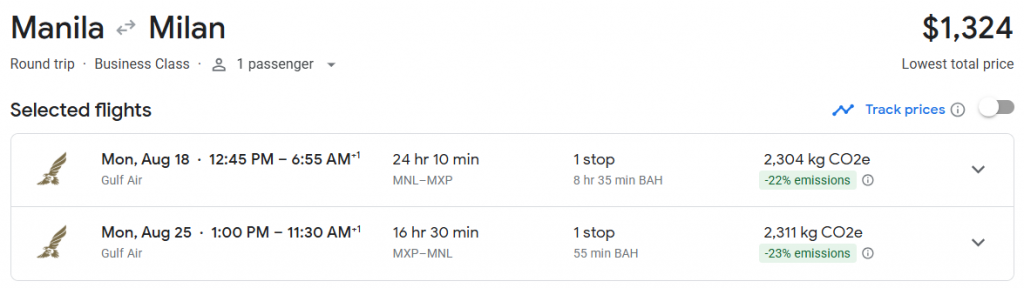 Business Class from Philippines to Milan