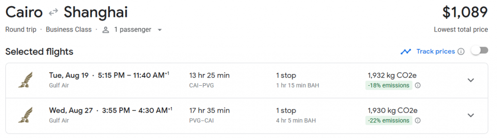 Business Class from Cairo to Shanghai