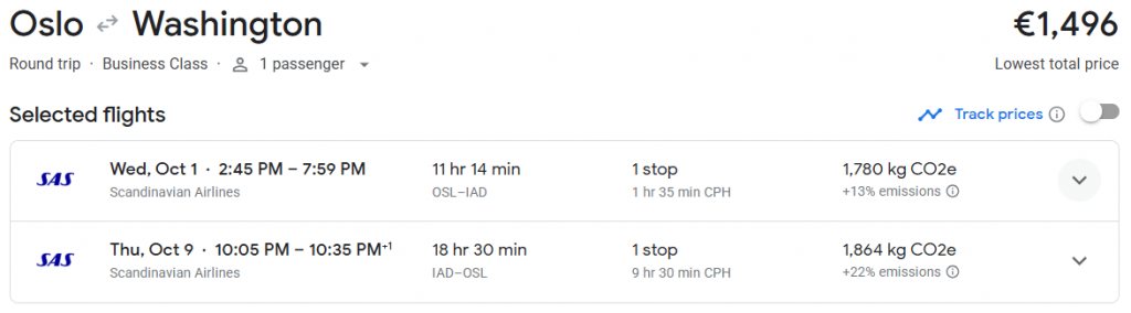 Business Class from Norway to Washington D.C.