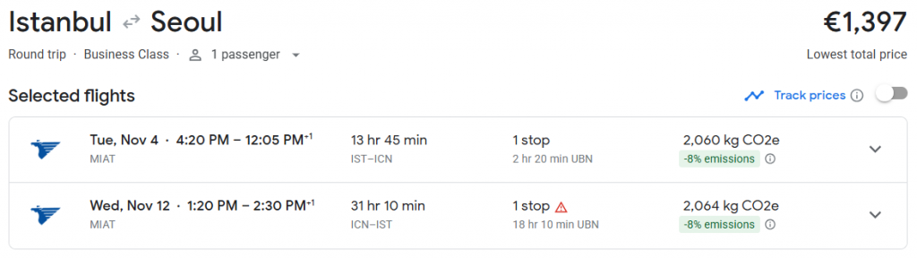 Business Class from Turkey to South Korea
