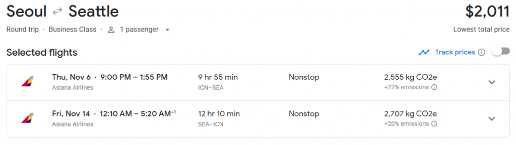 5* Business Class from South Korea to Seattle