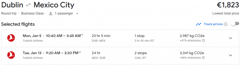 Business Class from Dublin to Mexico City