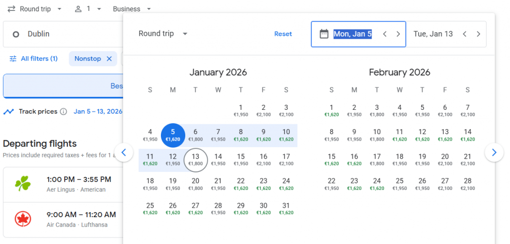 Business Class from Ireland to Canada