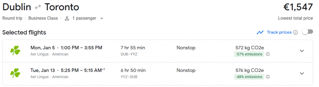 Business Class from Ireland to Canada