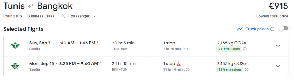 Business Class from Tunisia to Thailand