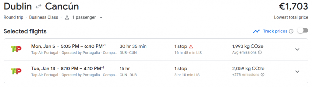 Business Class from Dublin to Cancún