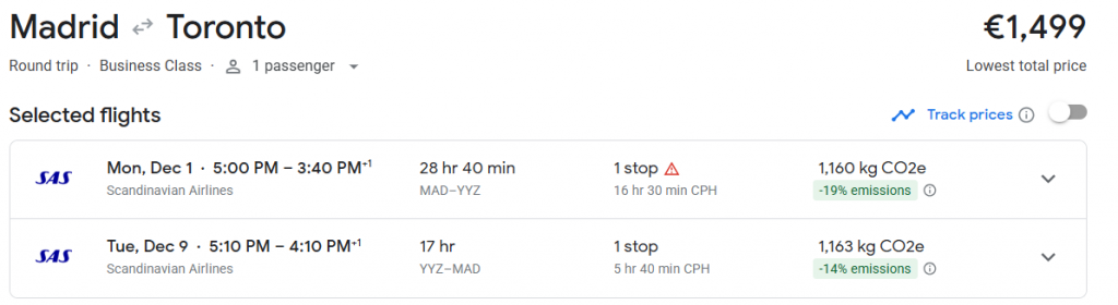 Business Class from Madrid to Toronto