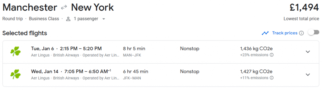Business Class from Manchester to New York