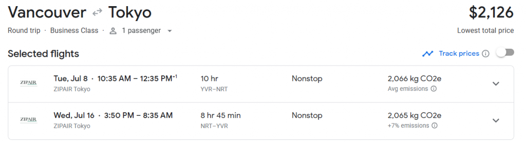 Business Class from Vancouver to Tokyo
