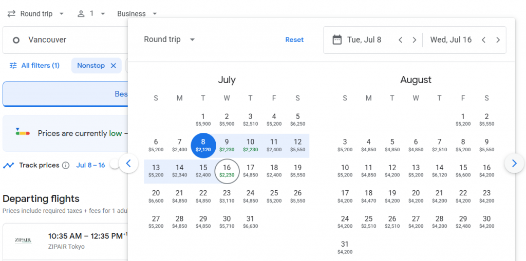 Business Class from Vancouver to Tokyo