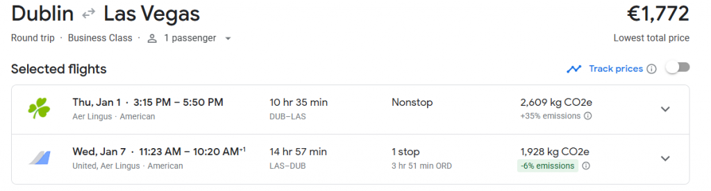 Business Class from Ireland to Las Vegas