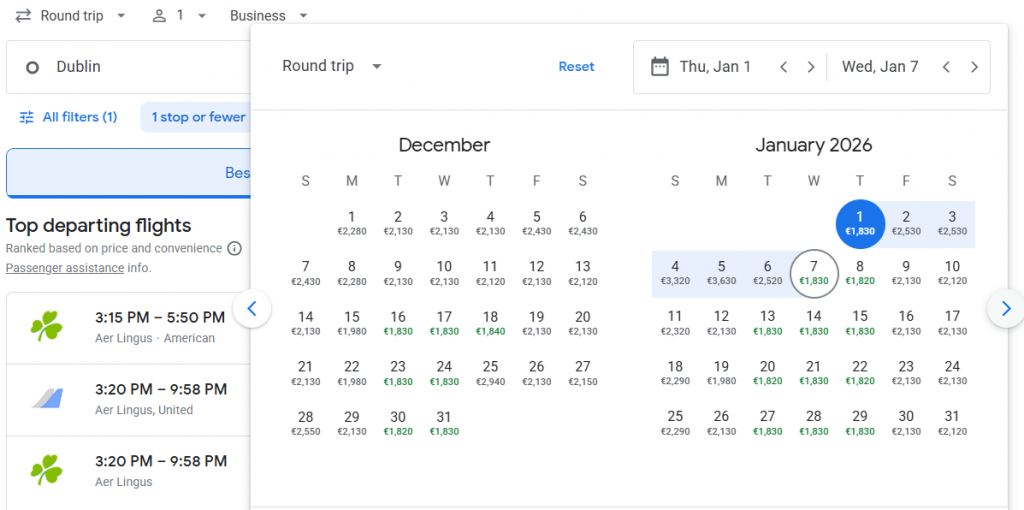 Business Class from Ireland to Las Vegas