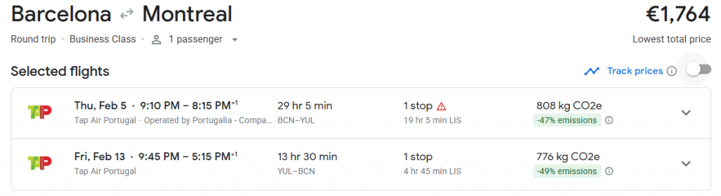 Business Class from Barcelona to Montreal