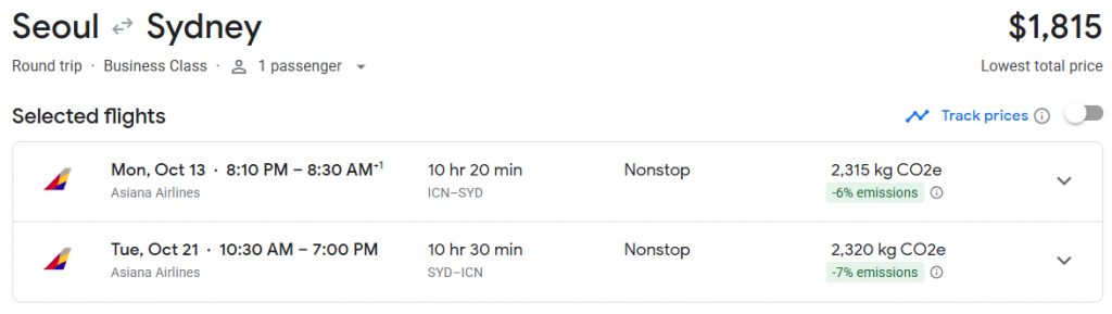 5* Business Class from South Korea to Sydney
