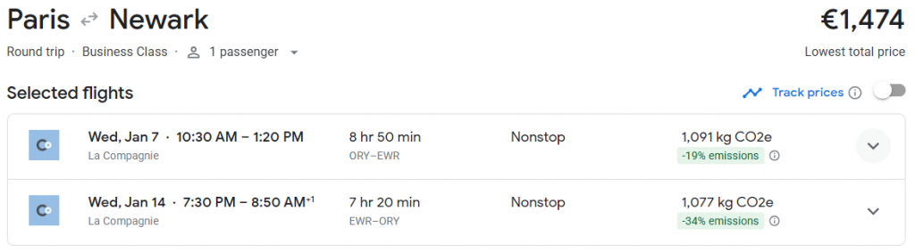 Business Class from Paris to New York