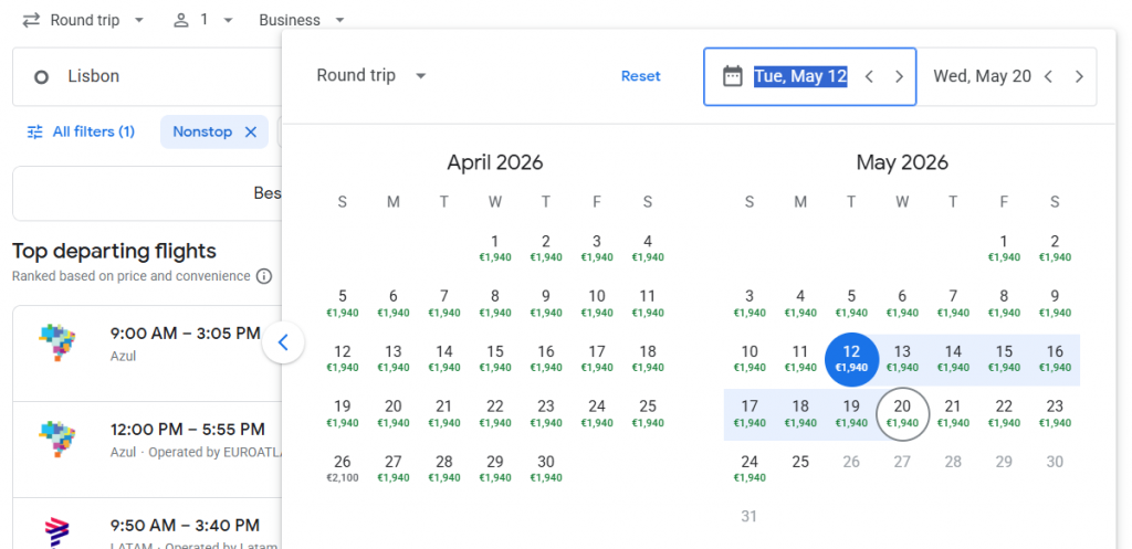 Business Class from Portugal to Brazil
