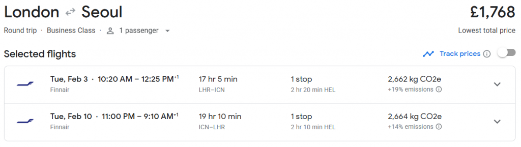 Business Class from London to South Korea