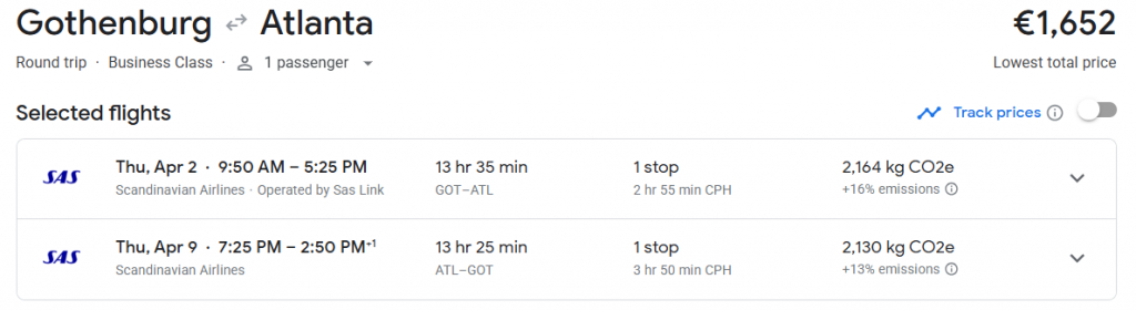 Business Class from Sweden to Atlanta