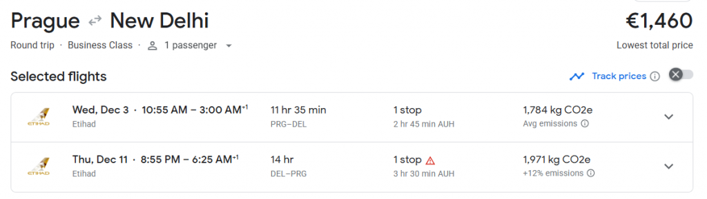Business Class from Prague to India
