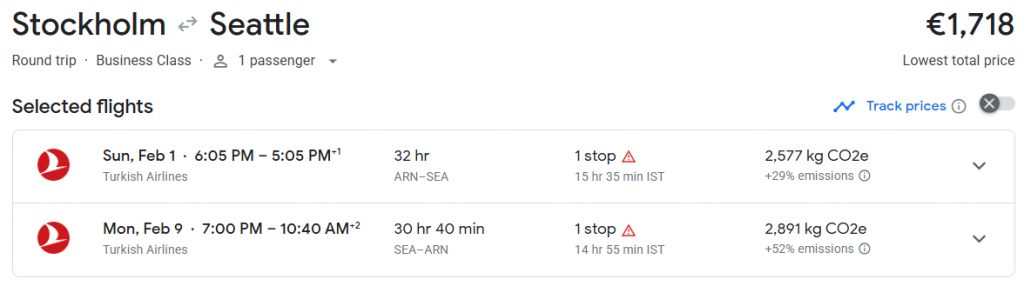Business Class from Sweden to Seattle