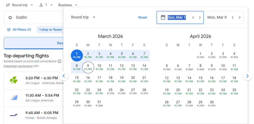 Business Class from Dublin to Los Angeles