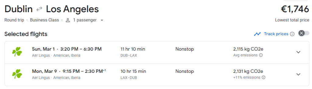 Business Class from Dublin to Los Angeles