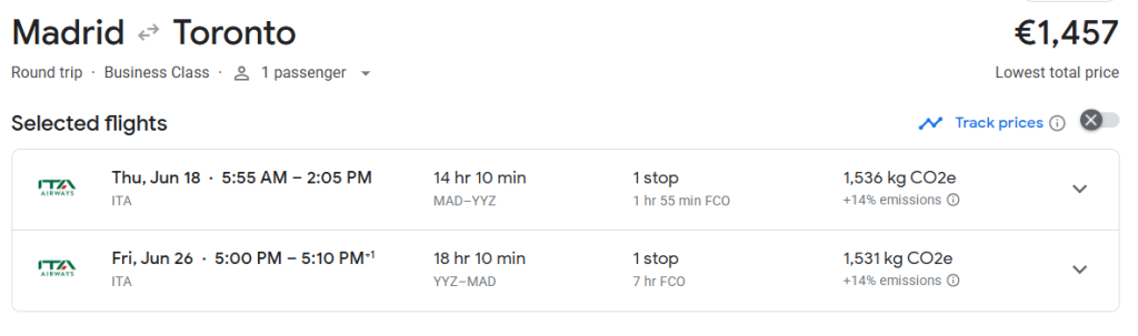 Business Class from Madrid to Toronto