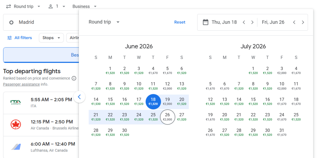 Business Class from Madrid to Toronto