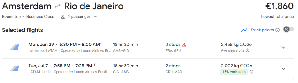 Business Class from Amsterdam to Rio de Janeiro