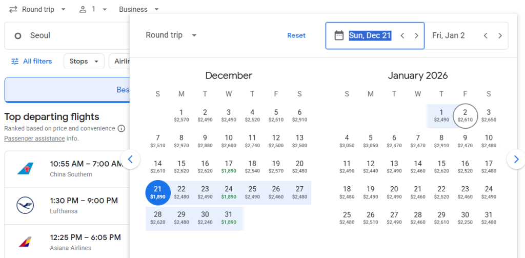 Business Class from South Korea to London