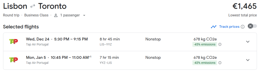 Business Class from Lisbon to Toronto