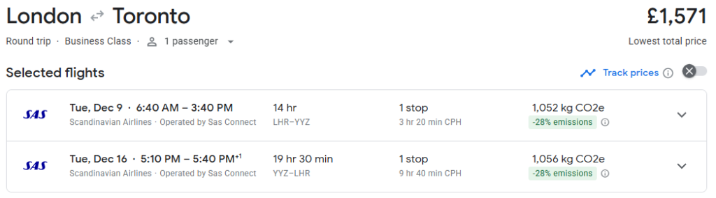 Business Class from London to Toronto