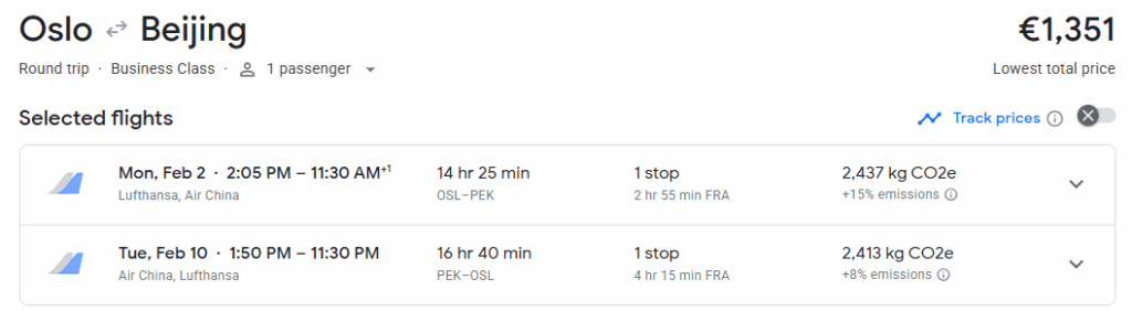 Business Class from Oslo to Beijing